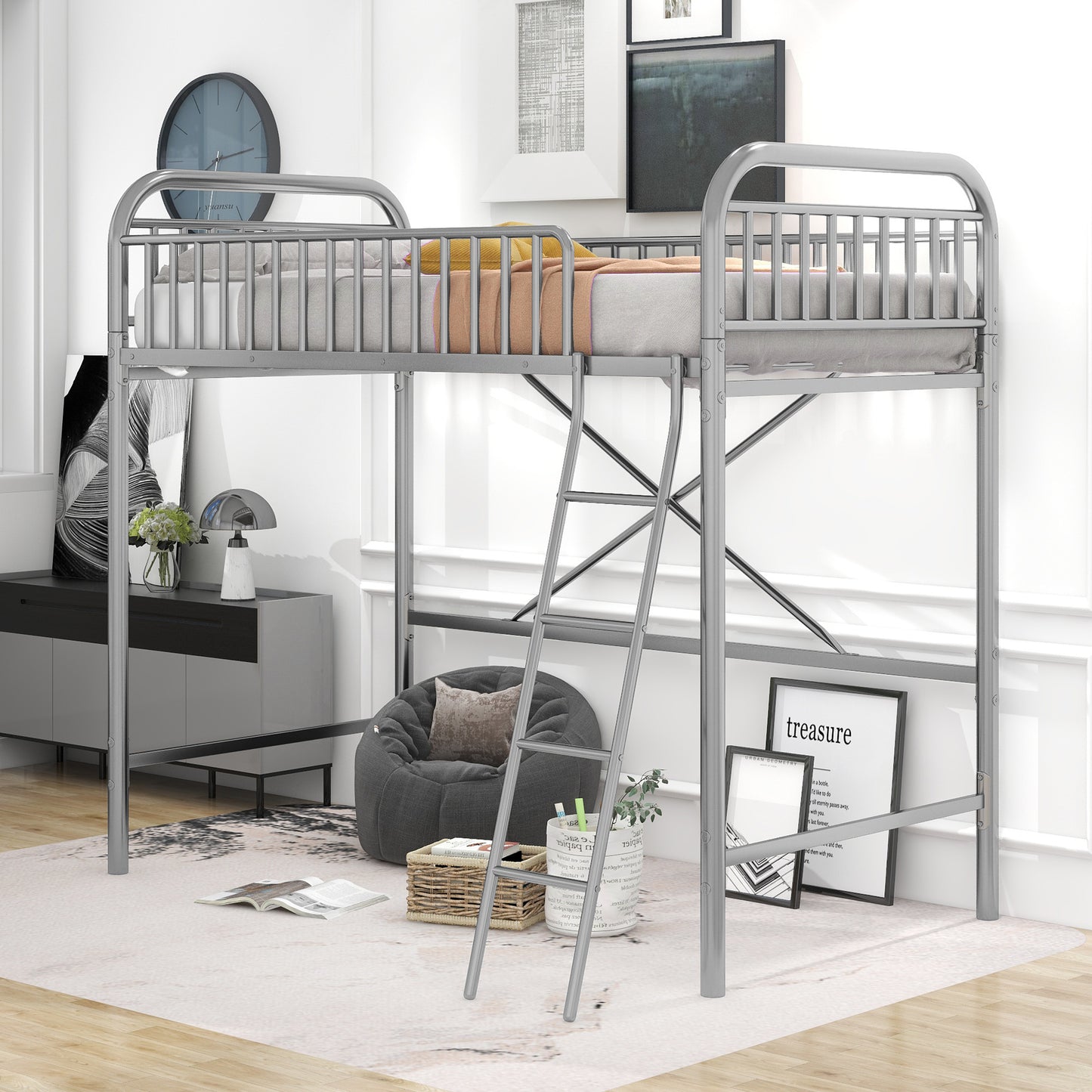 Twin Size Metal Loft Bed, No Box Spring Needed, Silver (Old SKU:SM000222AAN)