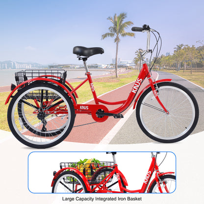 Adult Tricycle Trikes,3-Wheel Bikes,24 Inch Wheels 7 Speed Cruiser Bicycles with Large Shopping Basket for Women and Men