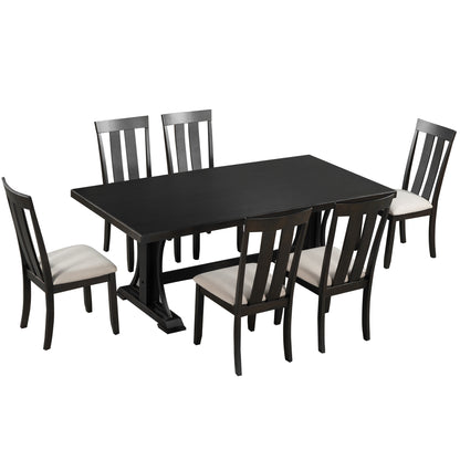 TREXM 7-Piece Retro Style Dining Table Set 78" Wood Rectangular Table and 6 Dining Chairs for Dining Room (Espresso)