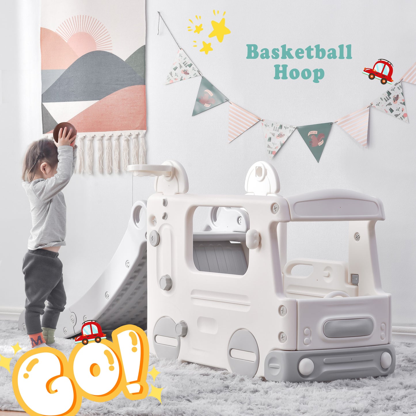 Baby Playpen for Toddler, Kids Activity Center with Freestanding Bus Climber with Slide, Safety Large Play Yard Home Indoor & Outdoor Safety Gates Foldable Play Pens with Game and Slide for Babies