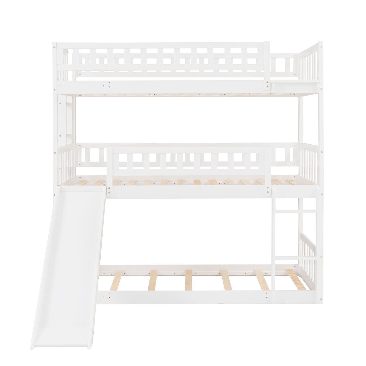 Twin-Over-Twin-Over-Twin Triple Bed with Built-in Ladder and Slide, Triple Bunk Bed with Guardrails, White(OLD SKU: LP000051AAK)