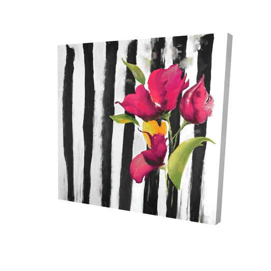 Flowers on black and white stripes - 32x32 Print on canvas