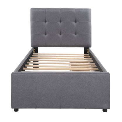 Linen Upholstered Platform Bed With Headboard and Two Drawers, Twin