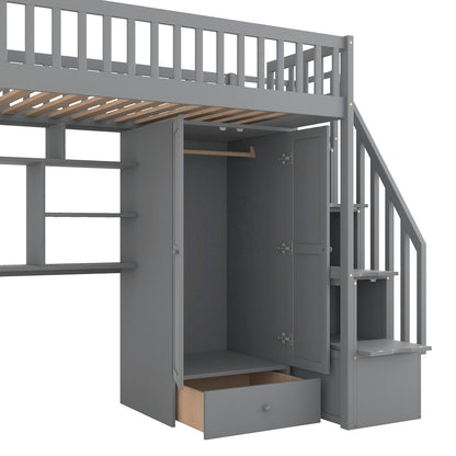 Twin size Loft Bed with Bookshelf,Drawers,Desk,and Wardrobe-Gray