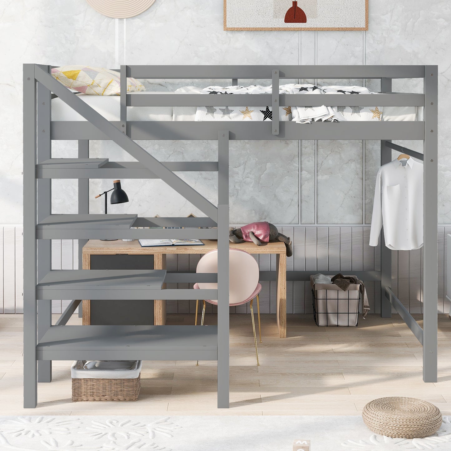 Full Size Loft Bed with Built-in Storage Staircase and Hanger for Clothes,Gray