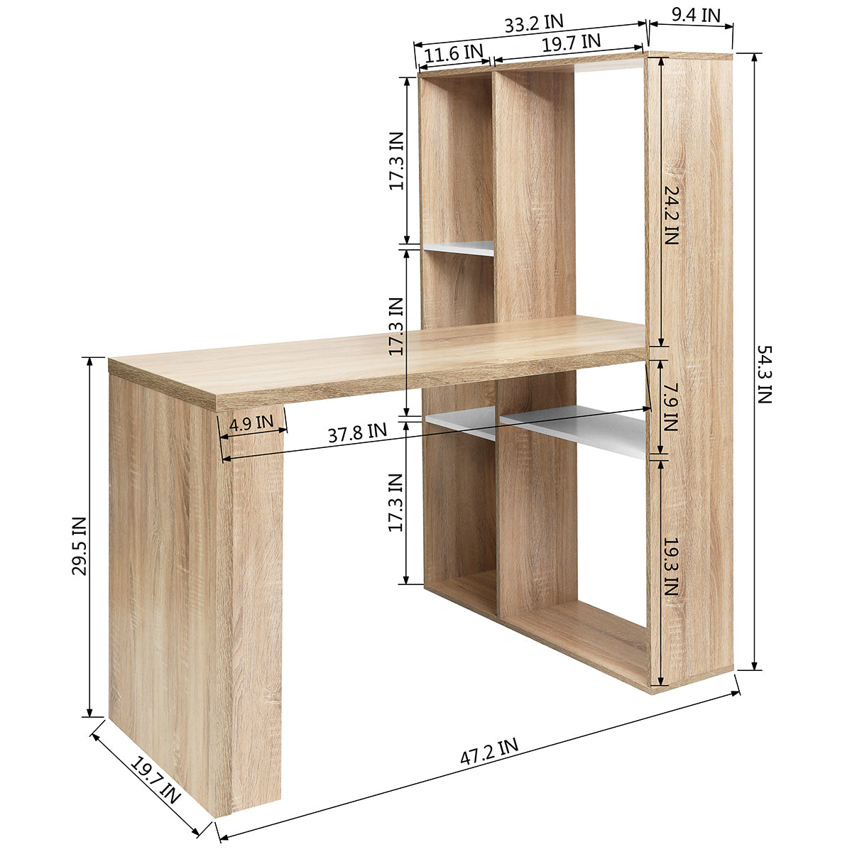 47.2"W X 19.7"D X 29.5"-54.3"H 2 in 1 computer desk/ L-shape Desktop with shelves - OAK