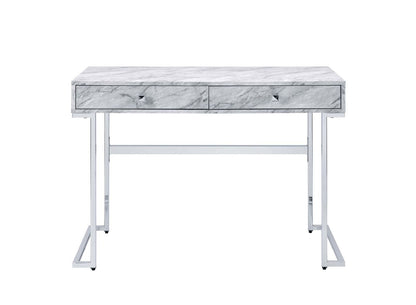 ACME Tigress Writing Desk, White Printed Faux Marble & Chrome Finish 92615