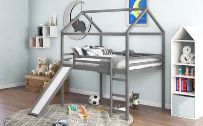 Full Size Loft Bed with Slide, House Bed with Slide,Gray(OLD SKU :WF281161AAE)