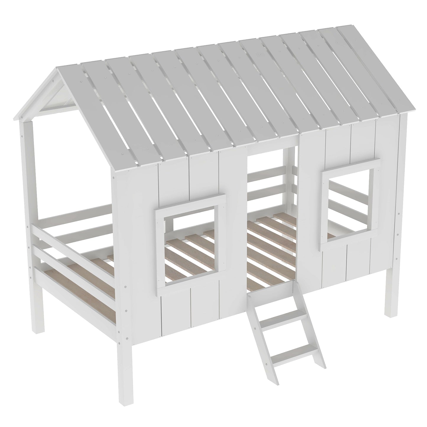 Twin Size Low Loft House Bed with Roof and Two Front Windows,White(OLD SKU:SM000703AAK)