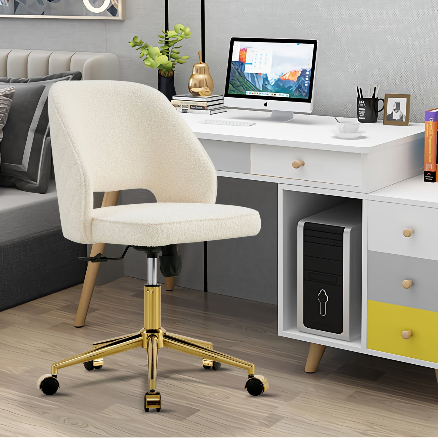 Modern Home Teddy Velvet Office Chairs, Adjustable 360 °Swivel Chair Engineering Plastic Armless Swivel Computer Chair With Wheels for Living Room, Bed Room Office Hotel Dining Room.White.