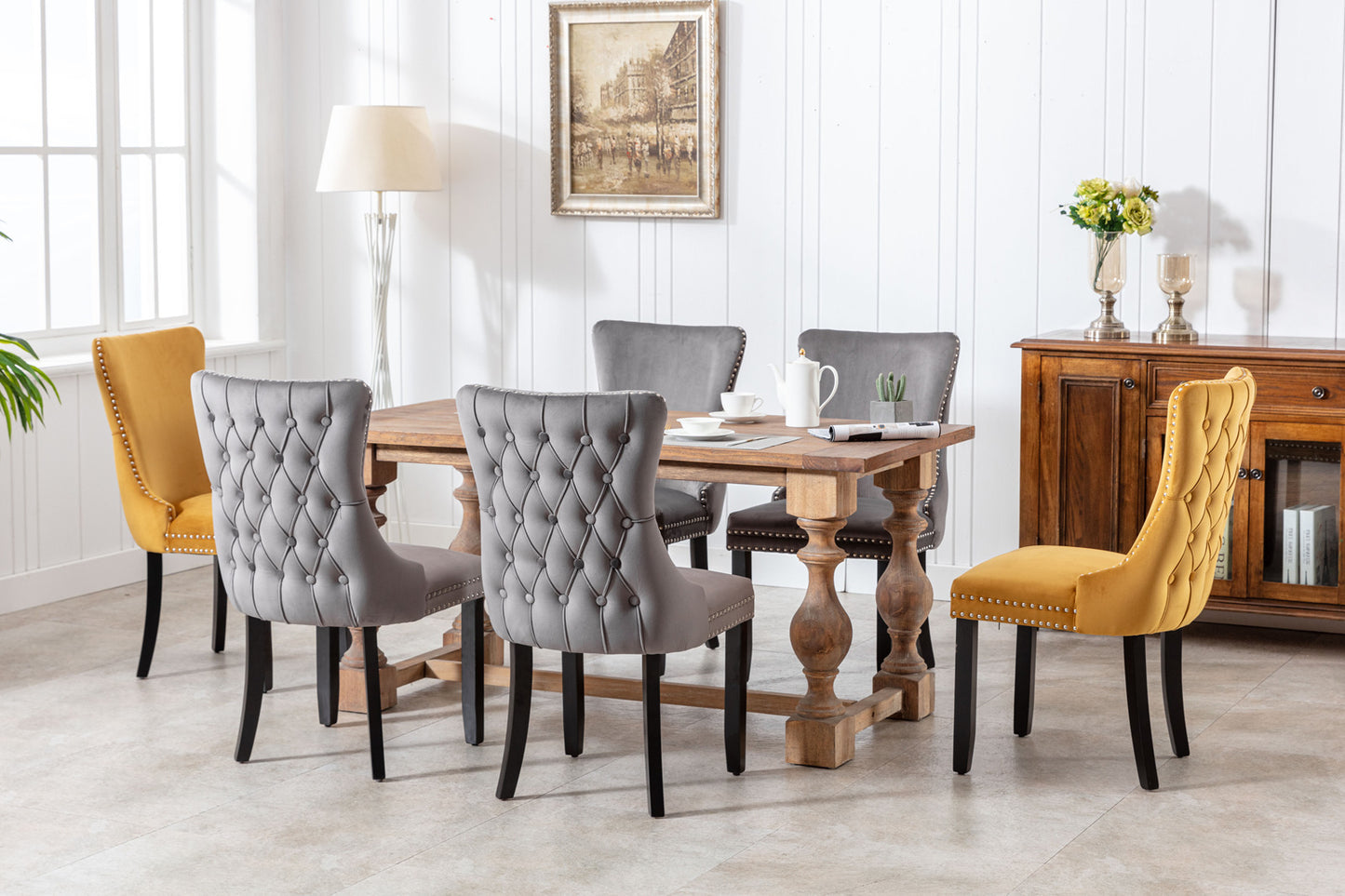 A&A Furniture,Upholstered Wing-Back Dining Chair with Backstitching Nailhead Trim and Solid Wood Legs,Set of 2, Gold 8809KD