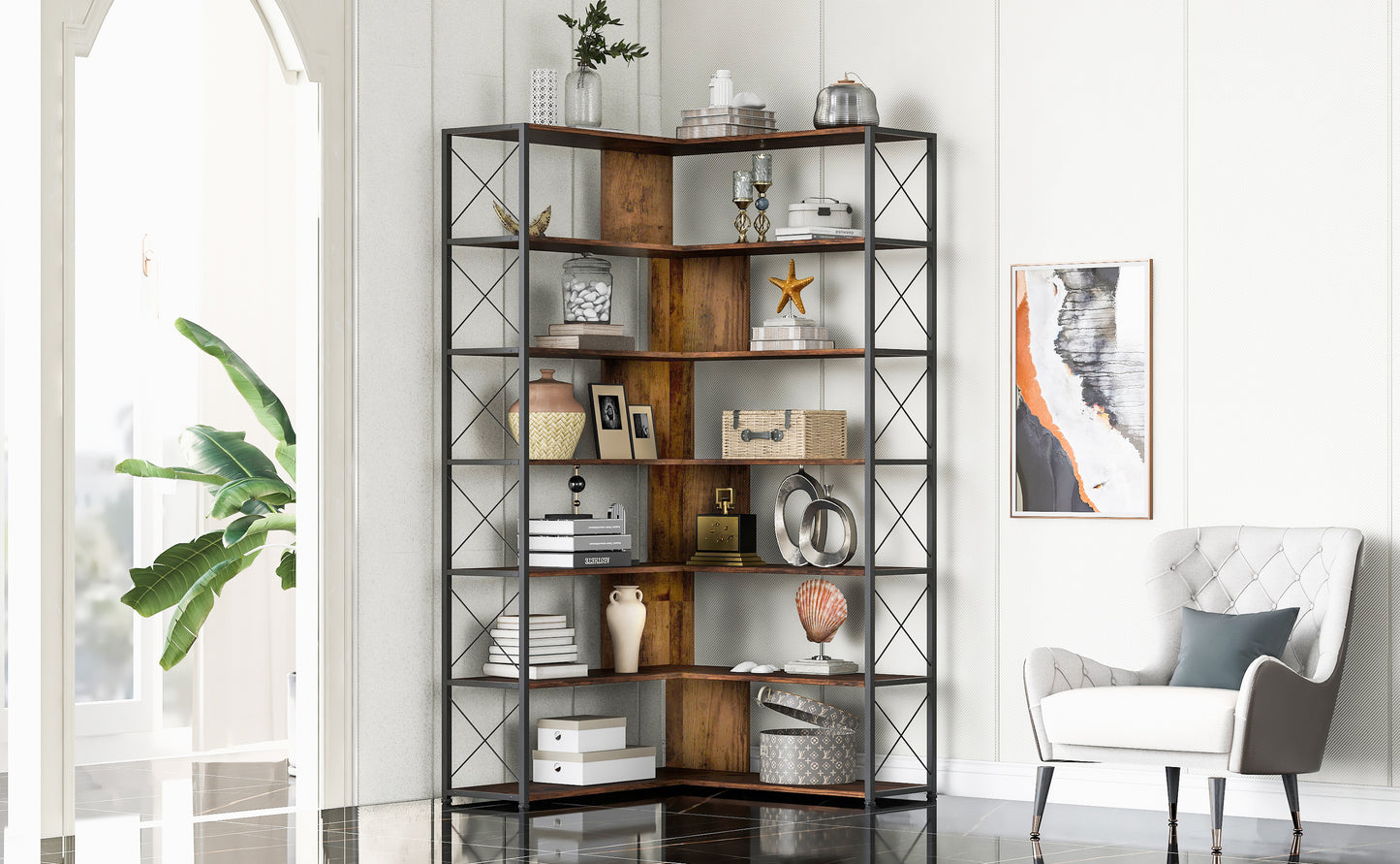 7-Tier Bookcase Home Office Bookshelf,  L-Shaped Corner Bookcase with Metal Frame, Industrial Style Shelf with Open Storage, MDF Board