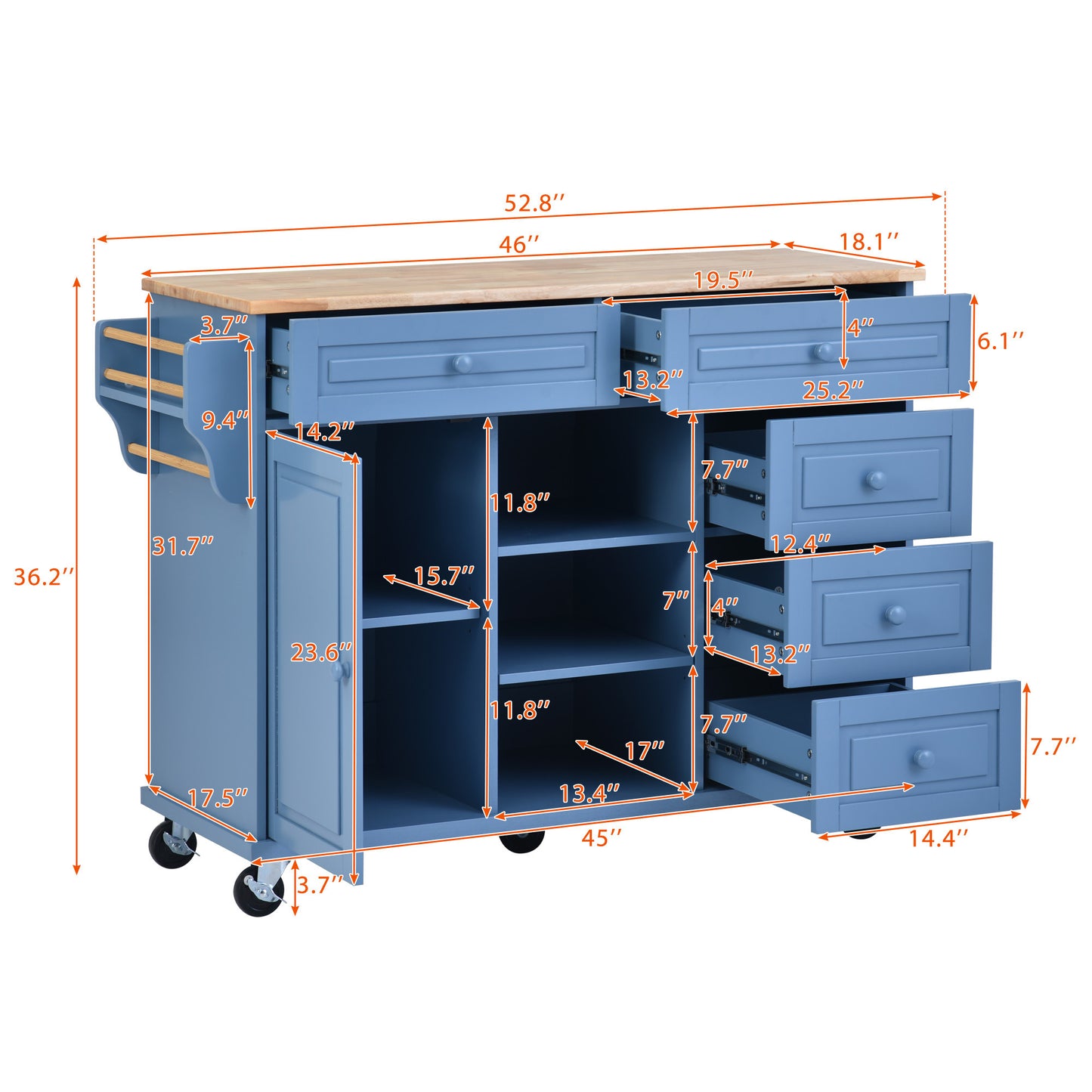 K&K kitchen cart with Rubber wood desktop rolling mobile kitchen island with storage and 5 draws 53 Inch width （Blue）