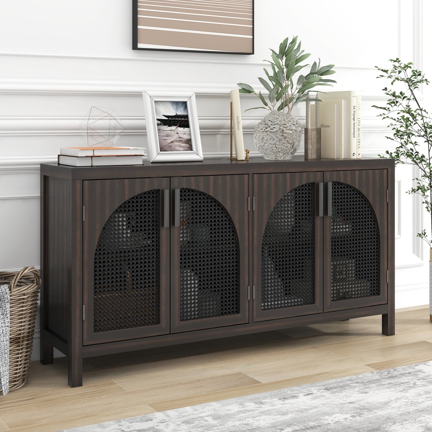 TREXM Large Storage Space Sideboard with Artificial Rattan Door and metal handles for Living Room and Entryway (Espresso)