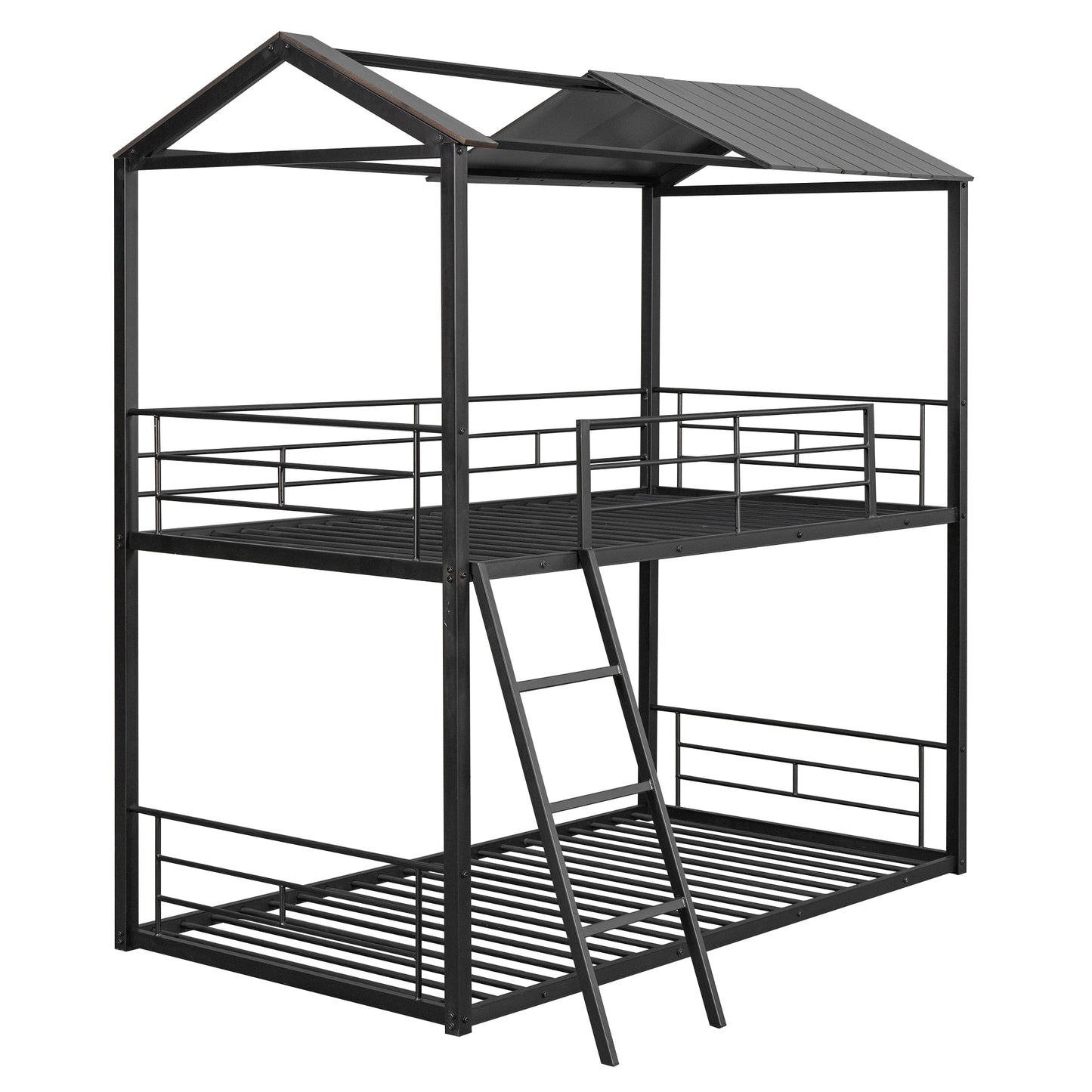 Twin Over Twin Bunk Bed Metal Bed with Half Roof, Guardrail and Ladder Black