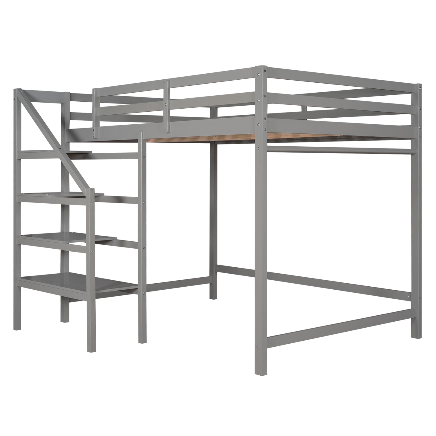 Full Size Loft Bed with Built-in Storage Staircase and Hanger for Clothes,Gray