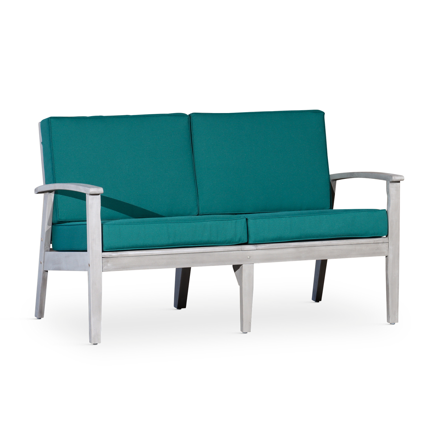 Eucalyptus Loveseat with Cushions, Silver Gray Finish, Dark Green Cushions