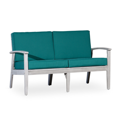 Eucalyptus Loveseat with Cushions, Silver Gray Finish, Dark Green Cushions