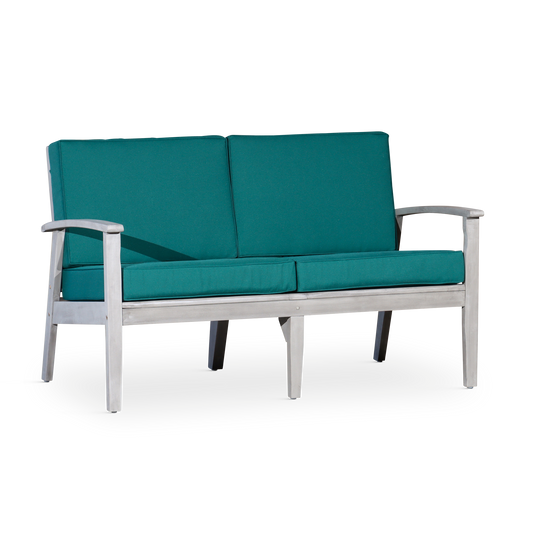 Eucalyptus Loveseat with Cushions, Silver Gray Finish, Dark Green Cushions