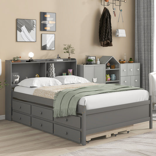 Full Bed with Bookcase,Twin Trundle,Drawers,Gray