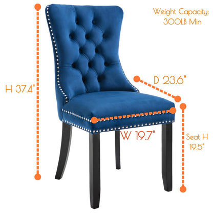 Upholstered Button Tufted Back Blue Velvet Dining Chair with Nailhead Trim and Solid Wood Legs 2 Sets