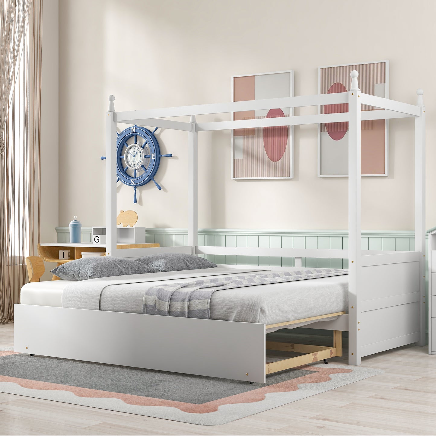 Twin Size Canopy Daybed or Pull-out Platform Bed, White