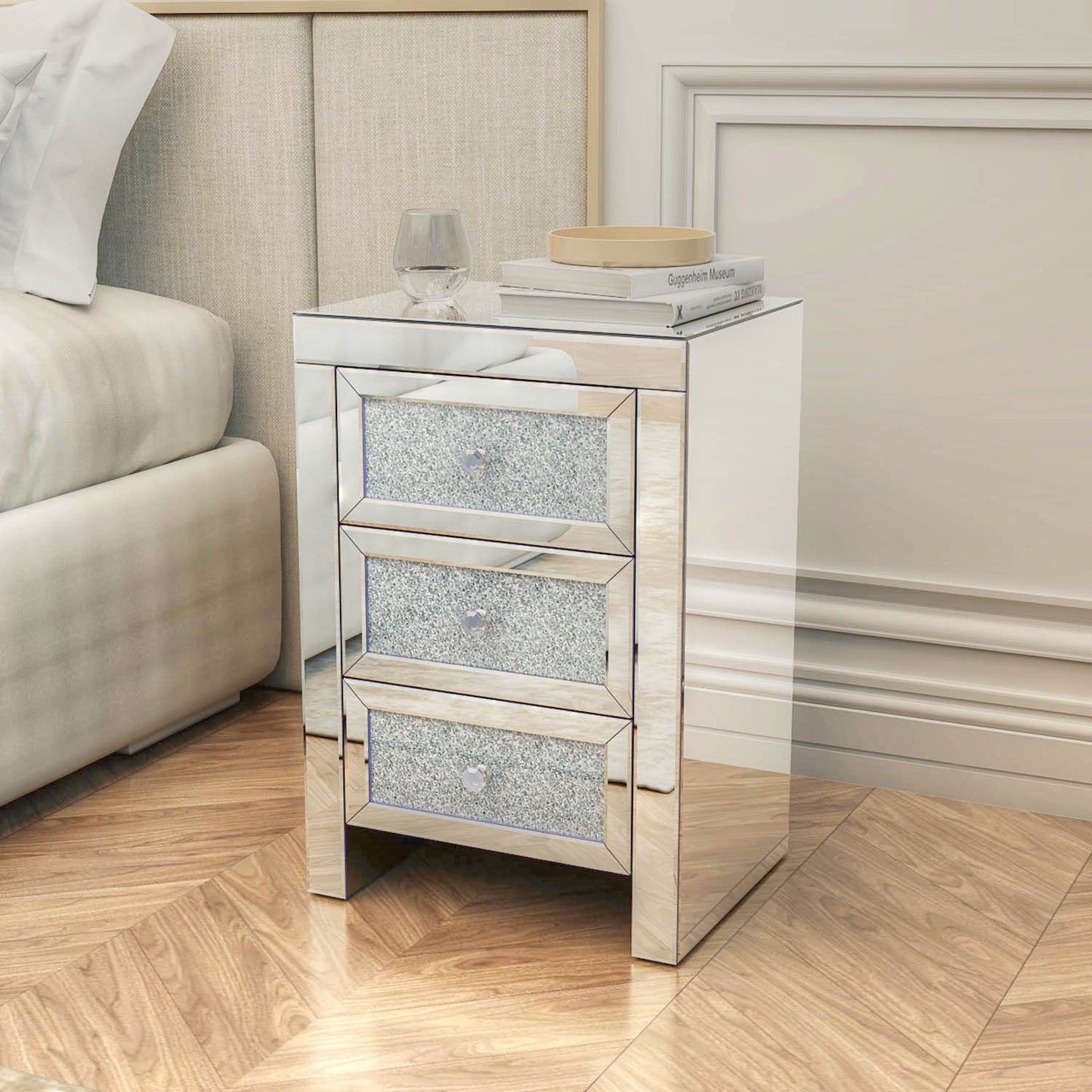 Mirrored Nightstand, Silver Bedside Tables, Mirrored End Table Side Table for Bedroom Living Room