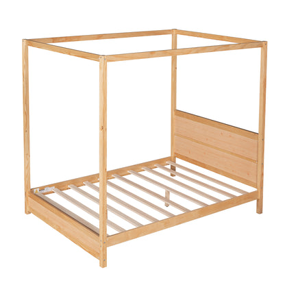 Full Size Canopy Platform Bed with Headboard and Support Legs,Natural