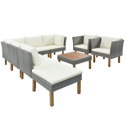 GO 9-Piece Outdoor Patio Garden Wicker Sofa Set, Gray PE Rattan Sofa Set, with Wood Legs, Acacia Wood Tabletop, Armrest Chairs with Beige Cushions