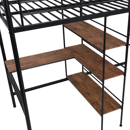 Twin Size Metal Loft Bed and Built-in Desk and Shelves,Black(OLD DKU:WF280270AAB)