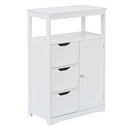 White Bathroom Cabinet, Freestanding Multi-Functional Storage Cabinet with Door and 3 Drawers, MDF Board with Painted Finish