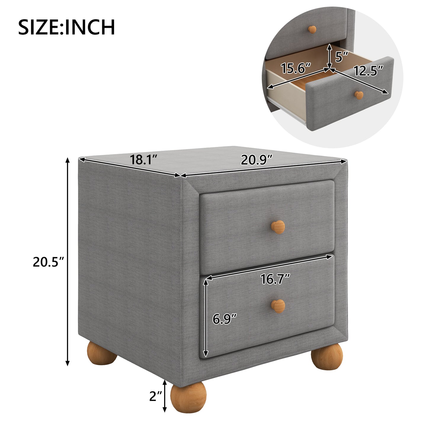 Modern Upholstered Storage Nightstand with 2 Drawers,Natural Wood Knobs,Dark Gray