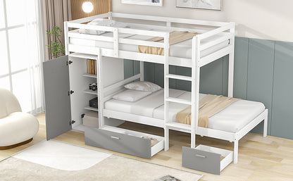 Twin over Twin Bunk Bed with Built-in Storage Wardrobe and Two Drawers, White