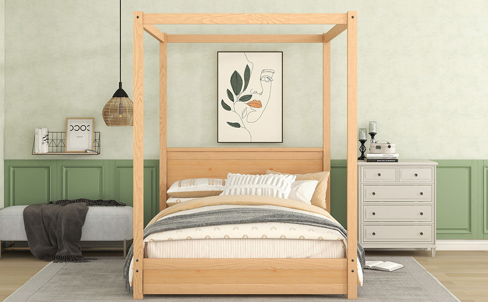 Full Size Canopy Platform Bed with Headboard and Support Legs,Natural