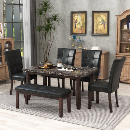 6-piece Faux Marble Dining Table Set  with one Faux Marble Dining Table ,4 Chairs and 1 Bench, Table: 66”x38”x 30”,Chair: 20.2”x28.5”x39”, Black