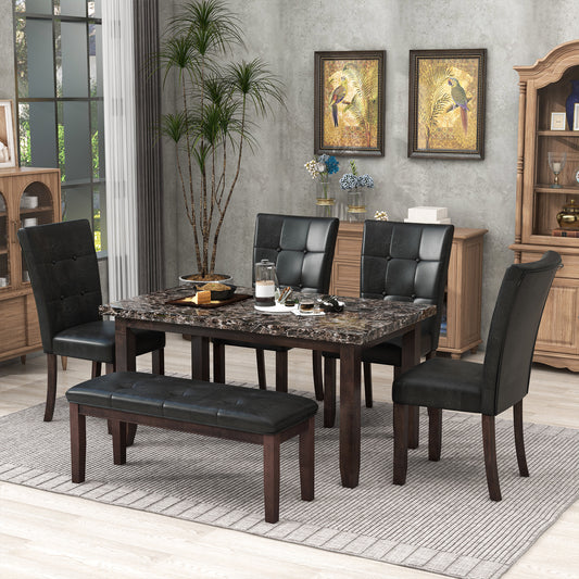 6-piece Faux Marble Dining Table Set  with one Faux Marble Dining Table ,4 Chairs and 1 Bench, Table: 66”x38”x 30”,Chair: 20.2”x28.5”x39”, Black