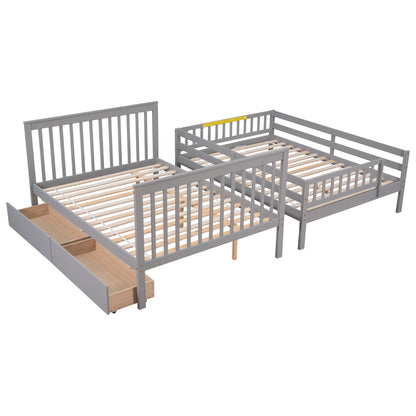 Full Over Full Bunk Bed with 2 Drawers and Staircases, Convertible into 2 Beds, the Bunk Bed with Staircase and Safety Rails for Kids, Teens, Adults, Grey