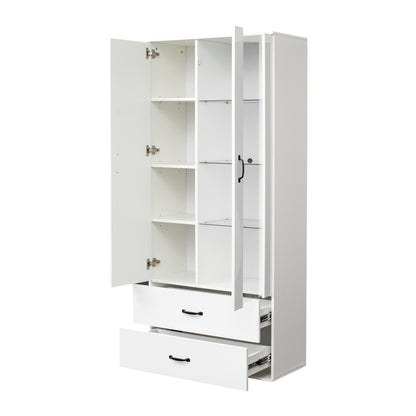 Side cabinet with shelving, drawers, and white side cabinet for clothing