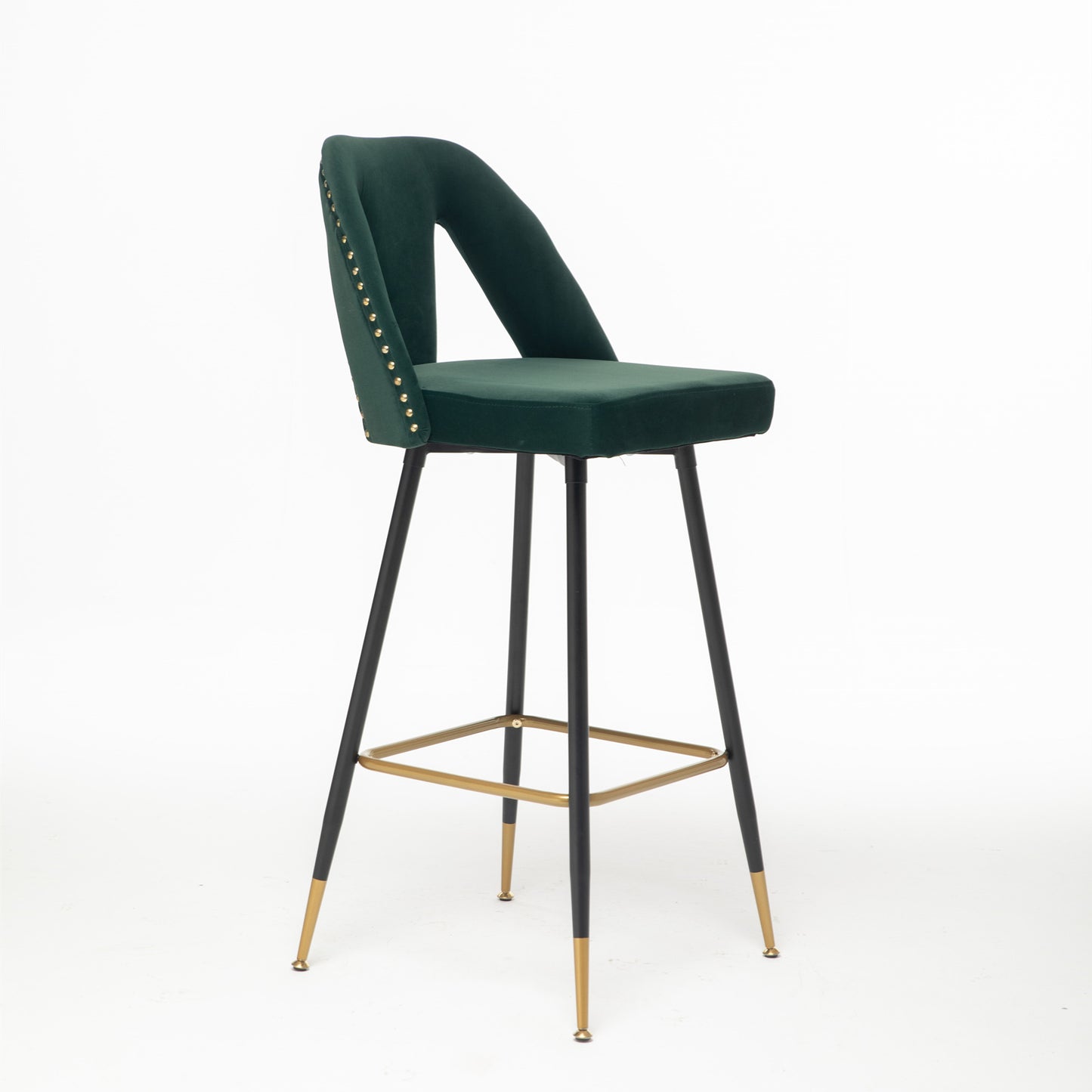 A&A Furniture,Akoya Collection Modern | Contemporary Velvet Upholstered Connor 28" Bar Stool & Counter Stools with Nailheads and Gold Tipped Black Metal Legs,Set of 2 (Green)