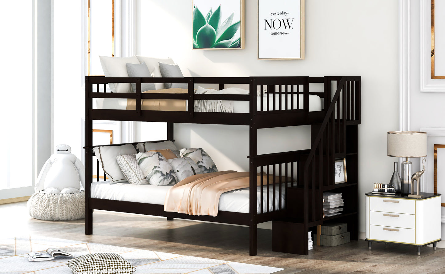 Stairway Full-Over-Full Bunk Bed with Storage and Guard Rail for Bedroom, Dorm, Espresso (OLD SKU:LP000110AAP)