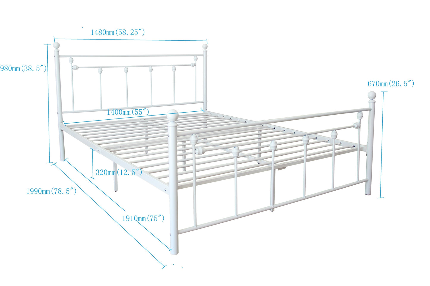 Full Size Metal Bed Frame with Headboard and Footboard (White)