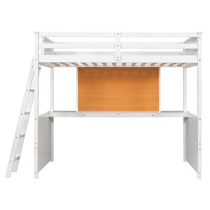 Twin size Loft Bed with Desk and Writing Board, Wooden Loft Bed with Desk - White