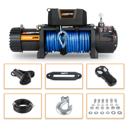 MNEMOSYNE 12000LBS SYNTHETIC ROPE WINCH. Load Capacity Electric Winch Kit,Waterproof IP67 Electric Winch with Hawse Fairlead, with Wireless Handheld Remote and Corded Control Recove