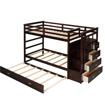 Solid Wood Bunk Bed , Hardwood Twin Over Twin Bunk Bed with Trundle and Staircase, Natural Espresso Finish (OLD SKU: LP000068AAP)