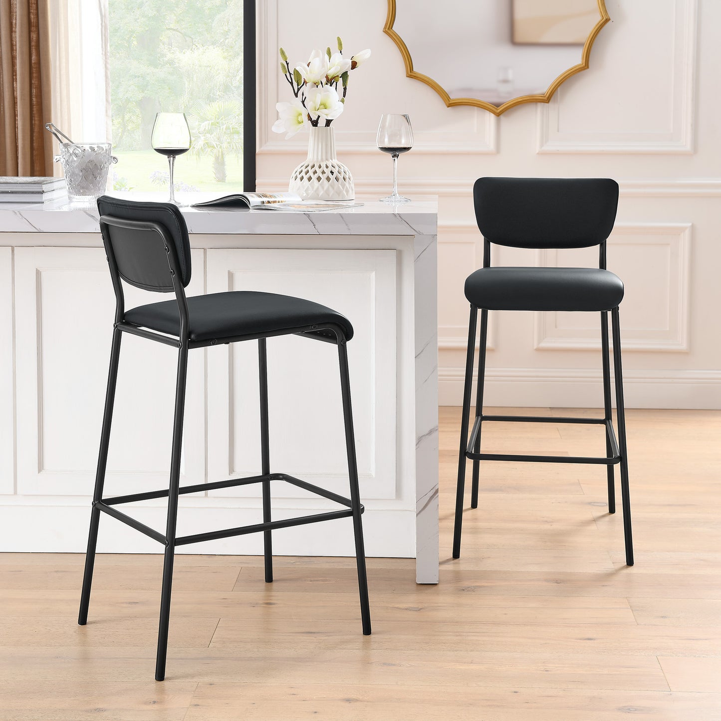 Pu Faux Leather Bar Stools Set of 2, Pub Barstools with Back and Footrest, Black (18.25"x20“x38.5”）