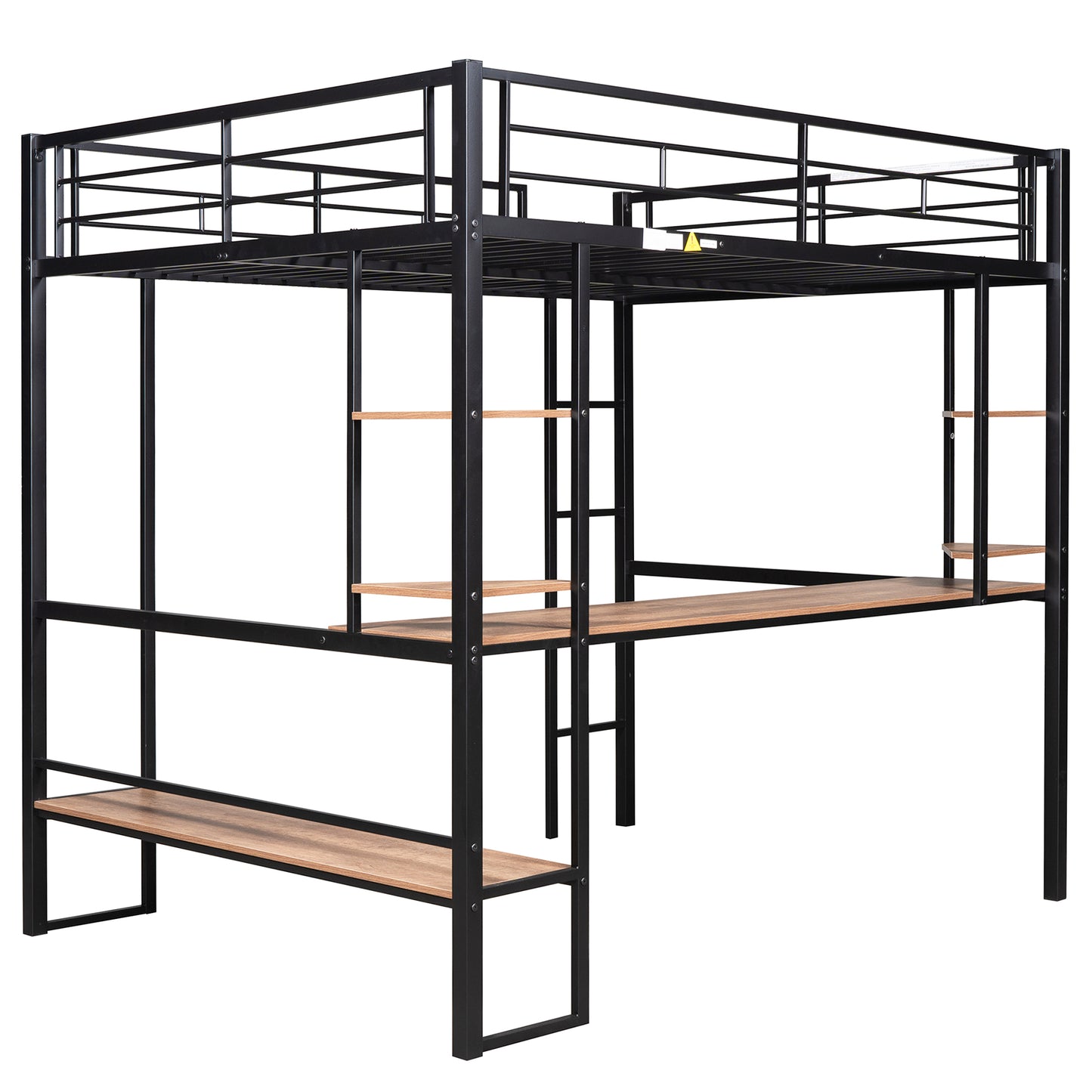 Full Size Loft Metal&MDF Bed with Long Desk and Shelves,Black