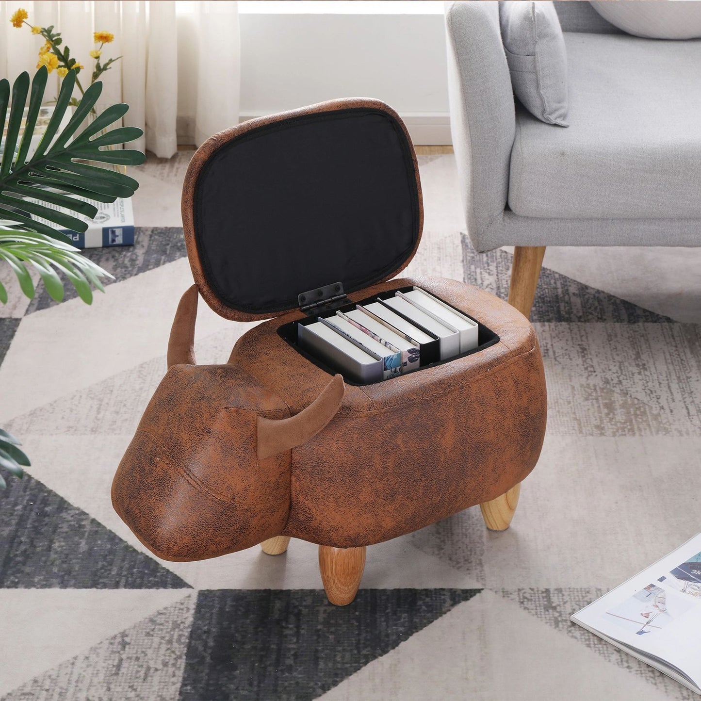 Decorative animal storage stool for kids, ottoman bedroom furniture, brown kids footstool, cartoon chair for home with solid wood legs, decorative footstool for office, bedroom, living room