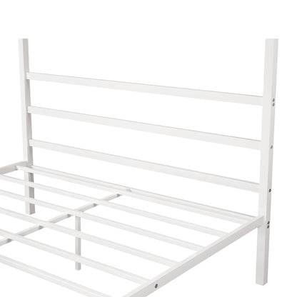 Metal Framed Canopy Platform Bed with Built-in Headboard,No Box Spring Needed, Classic Design, Queen ,White