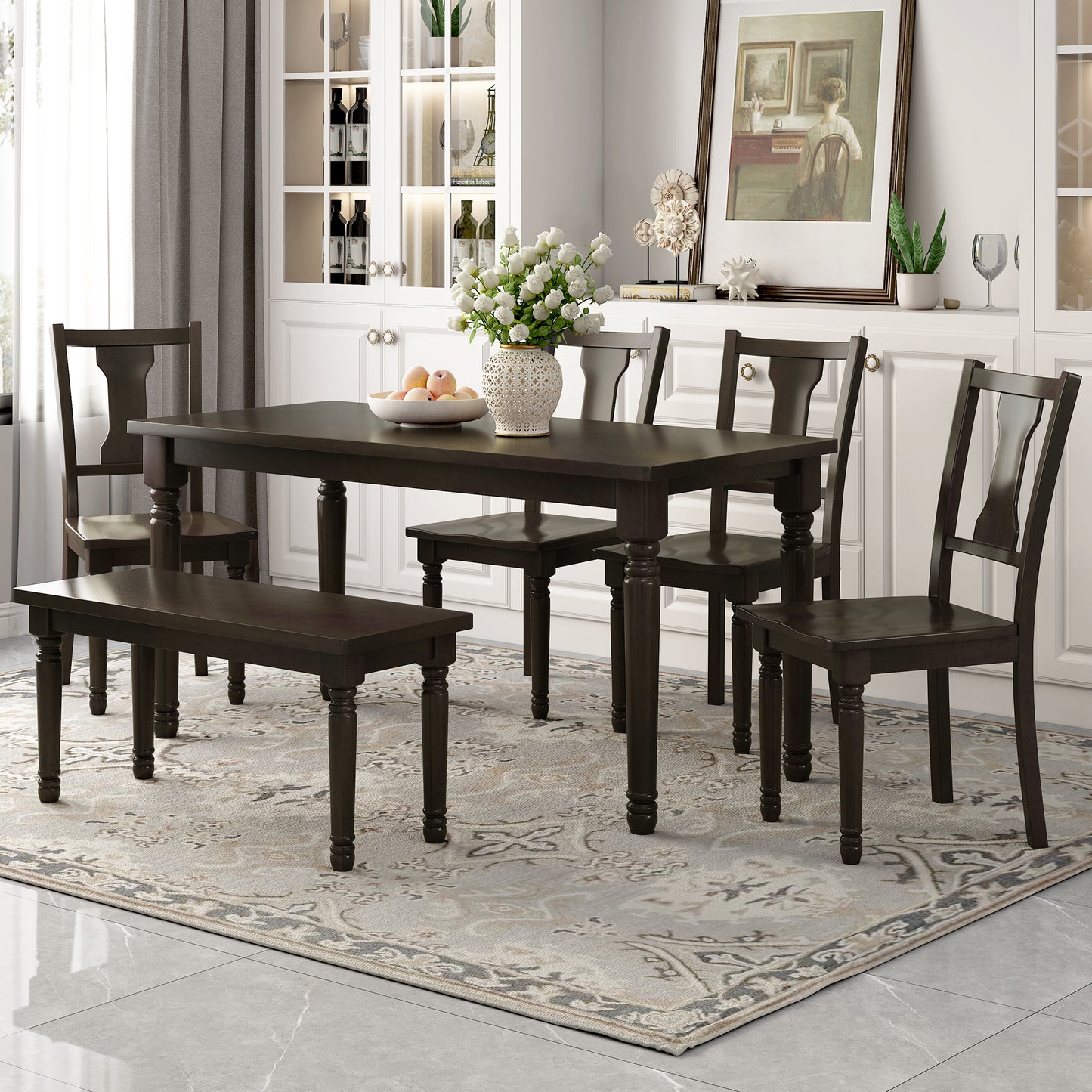 TREXM Classic 6-Piece Dining Set Wooden Table and 4 Chairs with Bench for Kitchen Dining Room (Espresso)