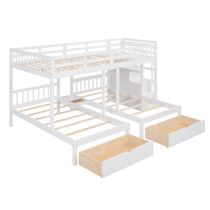 Full Over Twin & Twin Bunk Bed, Wood Triple Bunk Bed with Drawers and Guardrails (White)